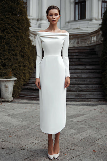 Off The Shoulder Sheath Long Sleeve Ivory Engagement Dress